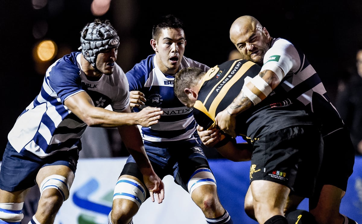 Prop Daniel Barlow and his valiant USRC Tigers team-mates couldn’t find a way past Natixis HKFC in the Hong Kong Premiership on Saturday. Photos: HKRFU