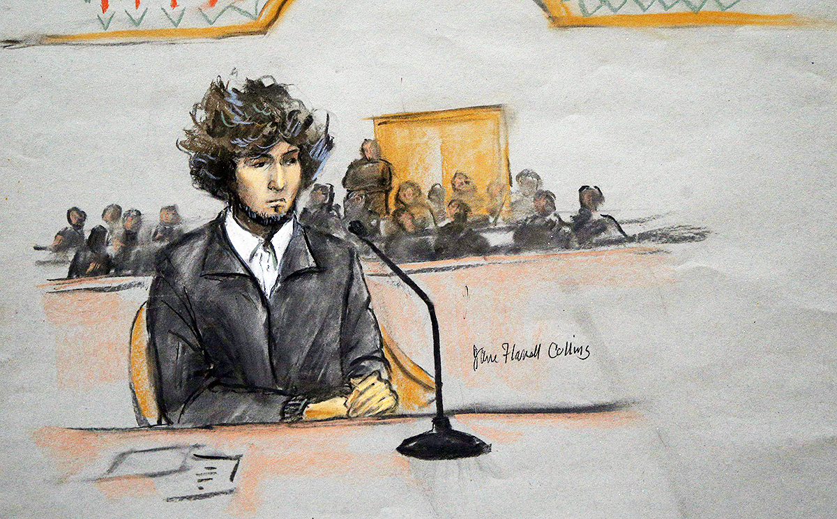 Boston Marathon bombing suspect Dzhokhar Tsarnaev is shown in a courtroom sketch during a pre-trial hearing. Photo: Reuters