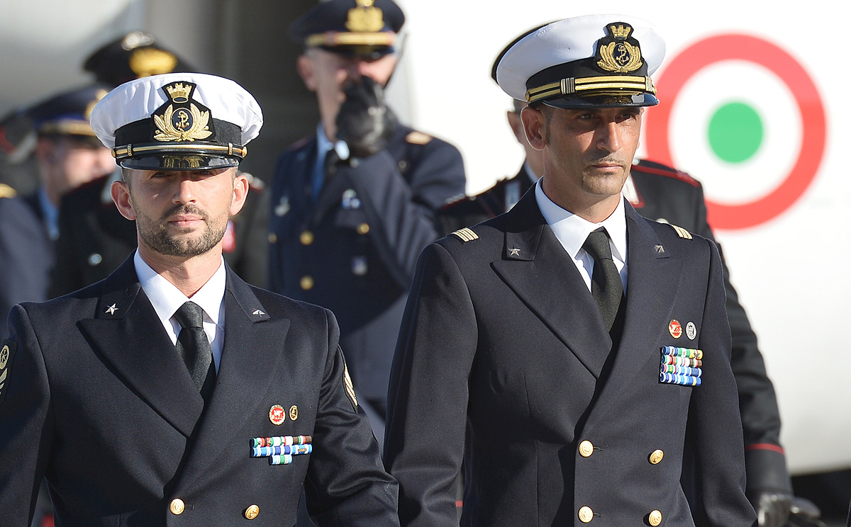 Italian marines Salvatore Girone (left) and Massimiliano Latorre pictured at Ciampino airport near Rome in December 2012. Photo: AFP