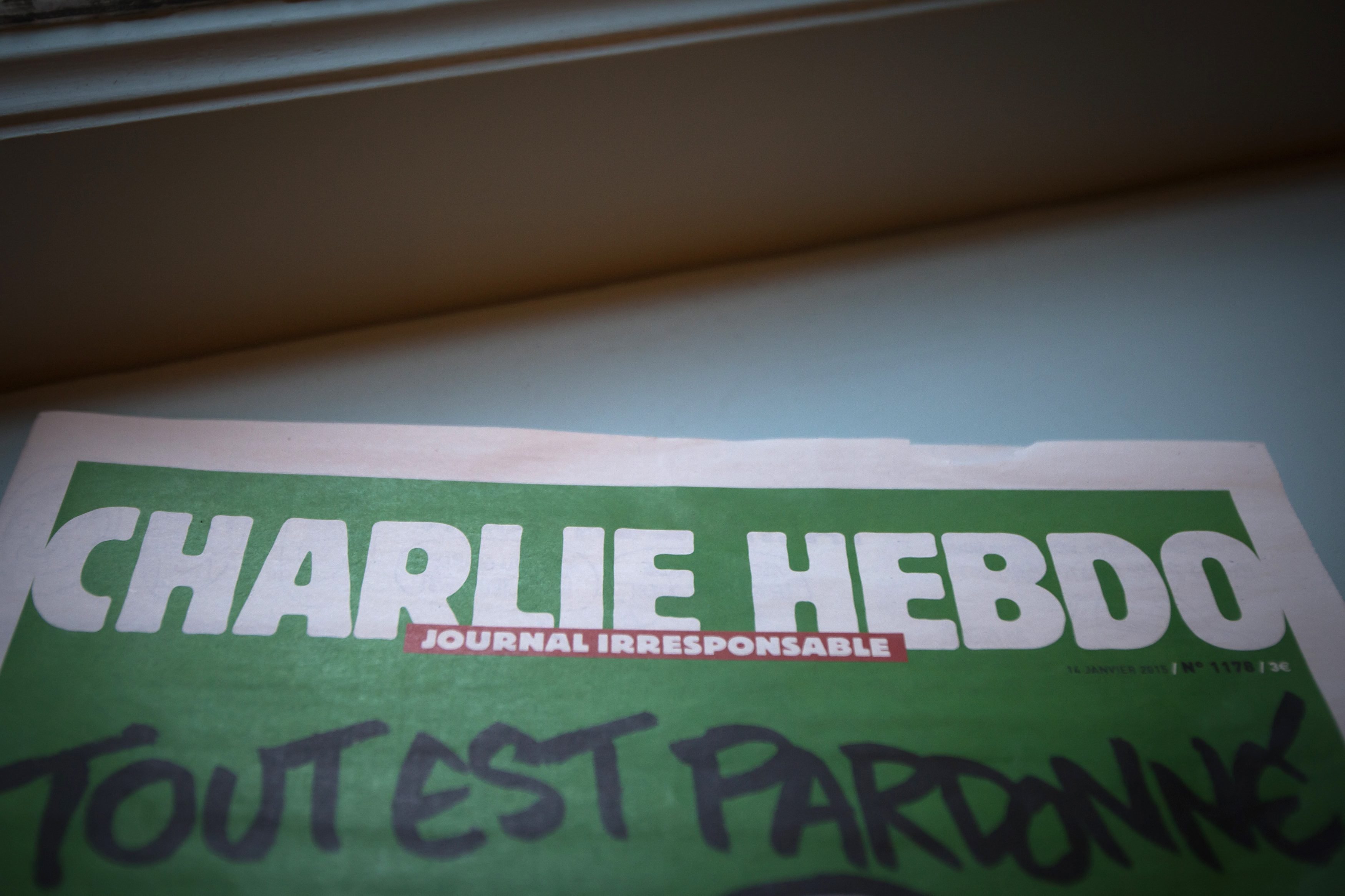 A display copy of the latest issue of satirical French weekly newspaper Charlie Hebdo is pictured at the Albertine bookstore in Manhattan, New York. Photo: Reuters