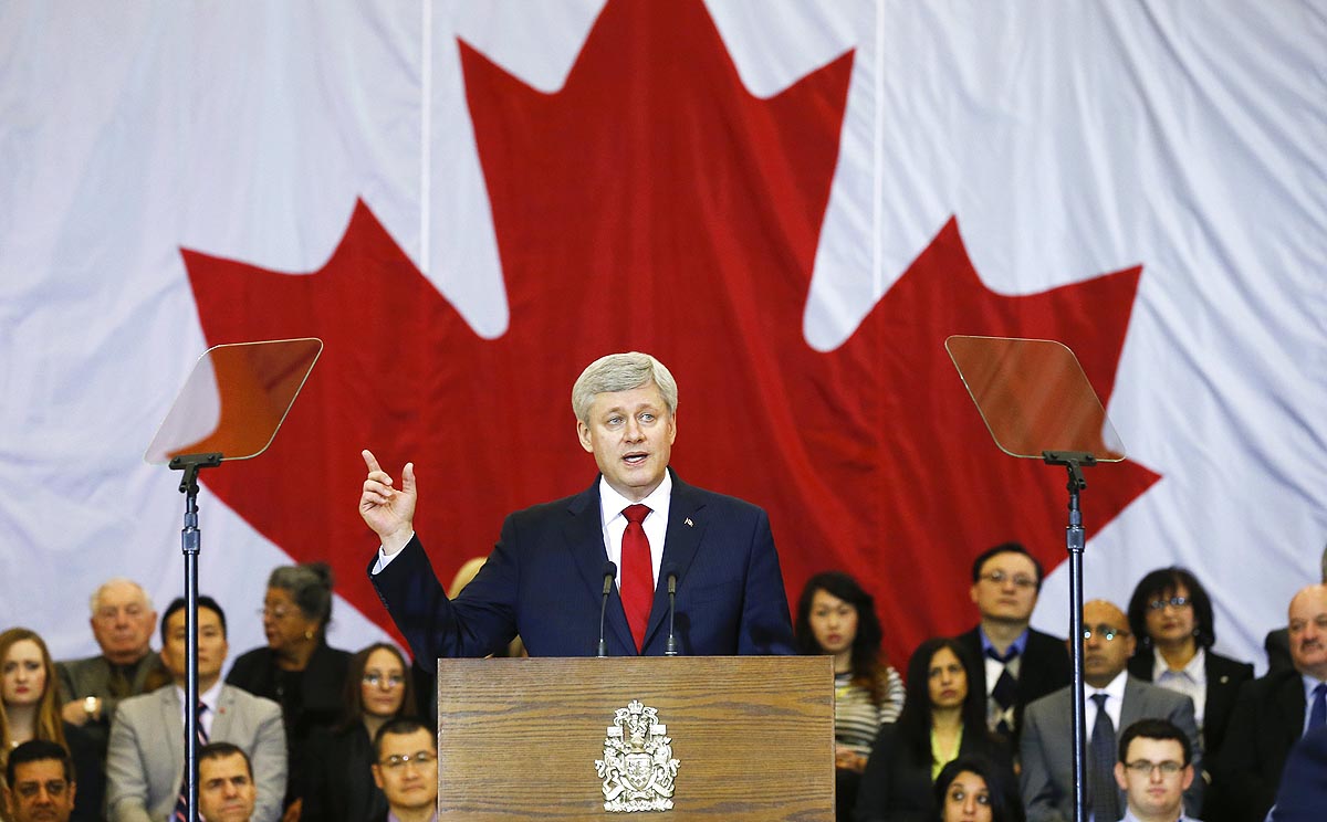 Canadian Prime Minister Stephen Harper speaks about the seeping new anti-terror law in Richmond Hill, Ontario on Friday. Photo: Reuters
