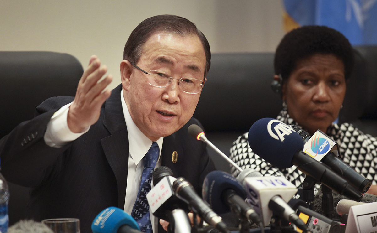 United Nations Secretary-General Ban Ki-moon speaks at the 24th Ordinary Session of the African Union Summit in Addis Ababa, Ethiopia on Saturday. Photo: EPA