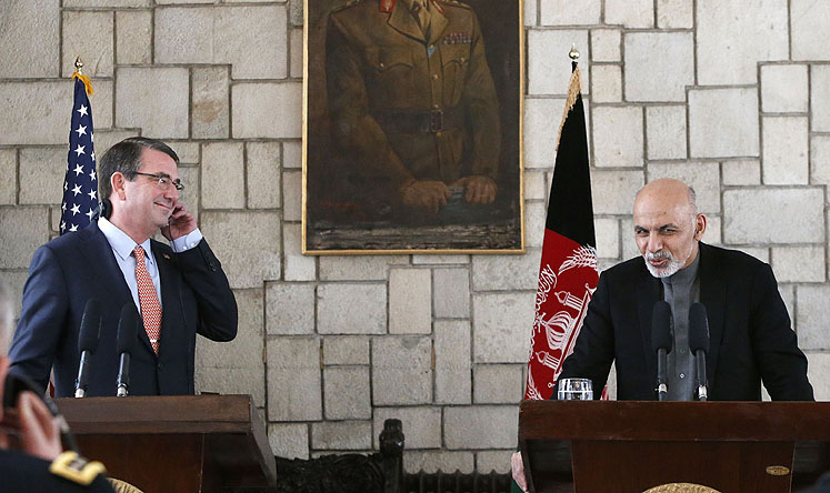 US Secretary of Defence Ashton Carter (left) listens to Afghan President Ashraf Ghani at the Presidential Palace in Kabul on Friday. Photo: AFP