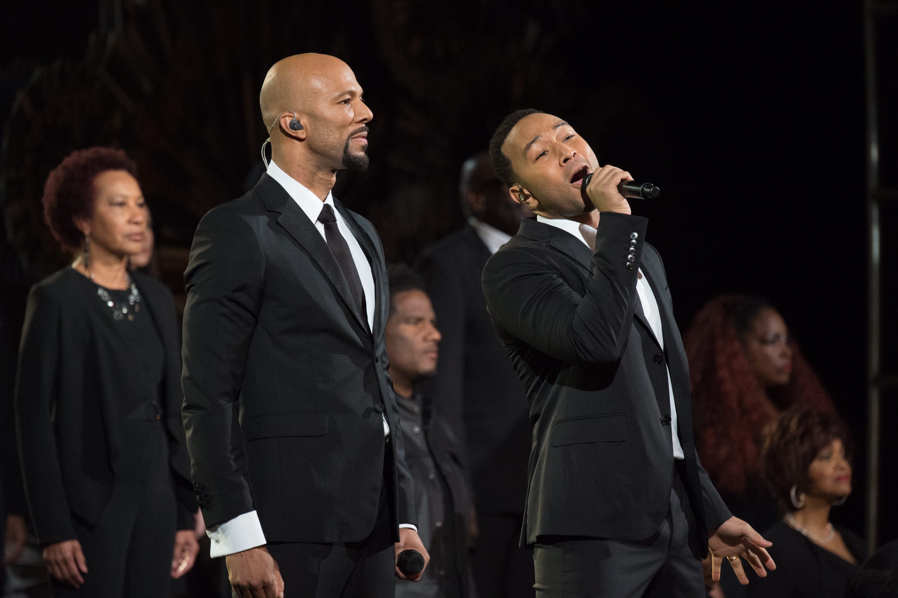 Lonnie Lynn, aka Common, and John Stephens, right, aka John Legend, perform onstage during the 87th Oscars ceremony at the Dolby Theatre in Hollywood, California, on February 22, 2015. Photo: EPA