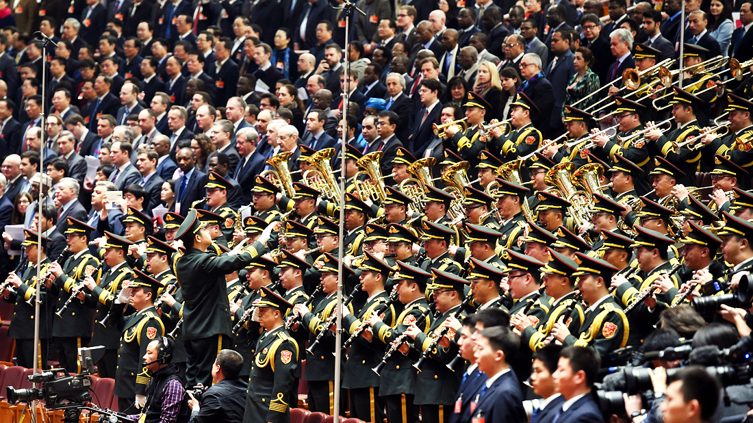 A military band performing the national anthem during a session of the National People's Congress this month at the Great Hall of the People in Beijing. Photo: Xinhua