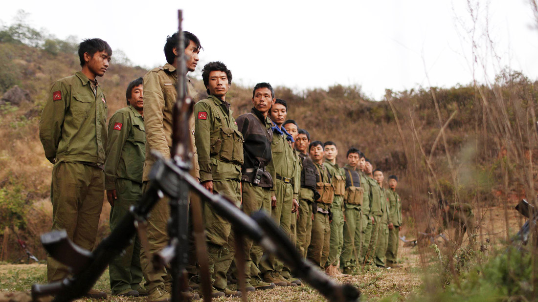 Rebel soldiers of Myanmar National Democratic Alliance Army (MNDAA) gather at a military base in Kokang. Photo: Reuters