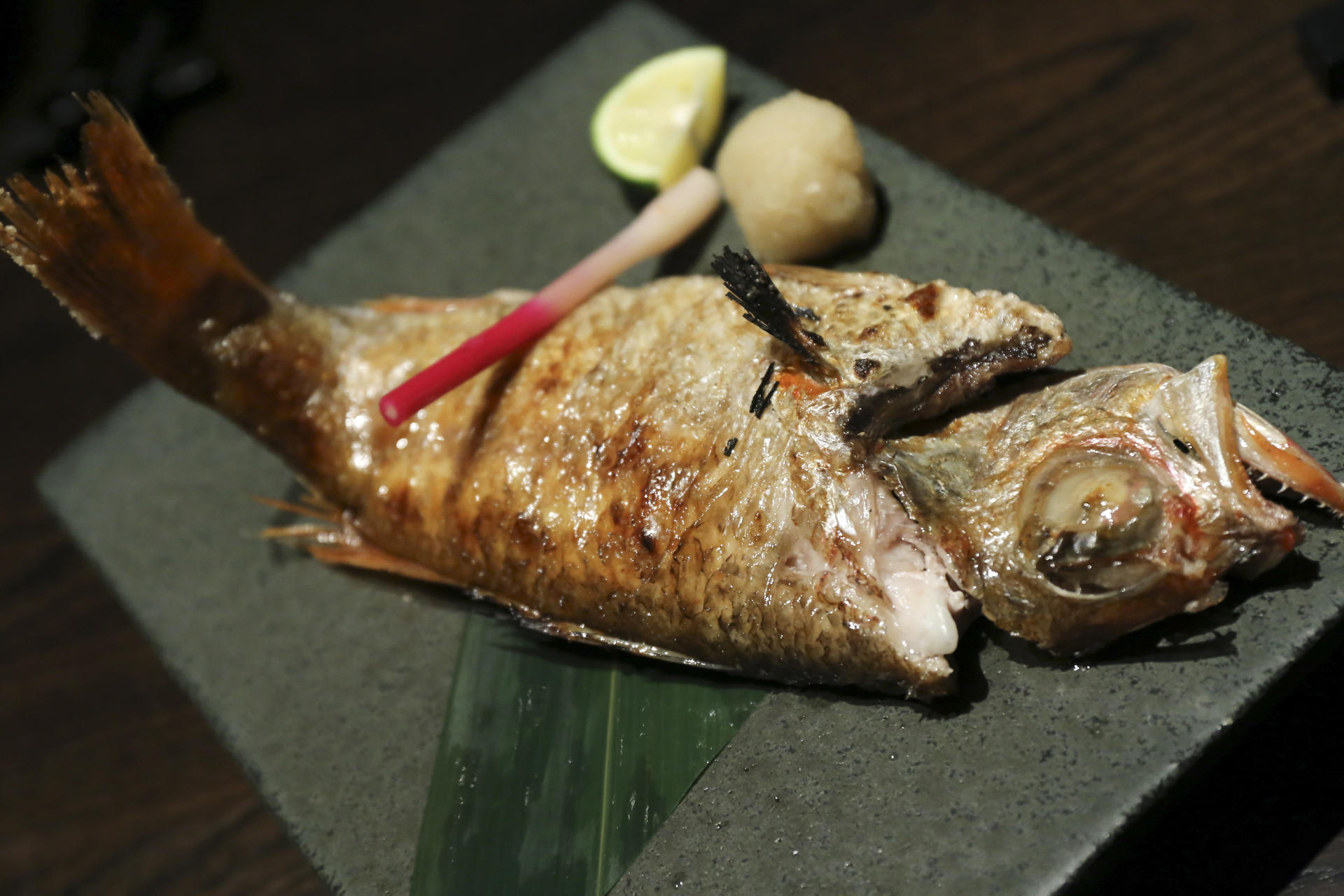 Salt-grilled rosy sea bass at Ebi-no-Hige. Photo: Peter Chang