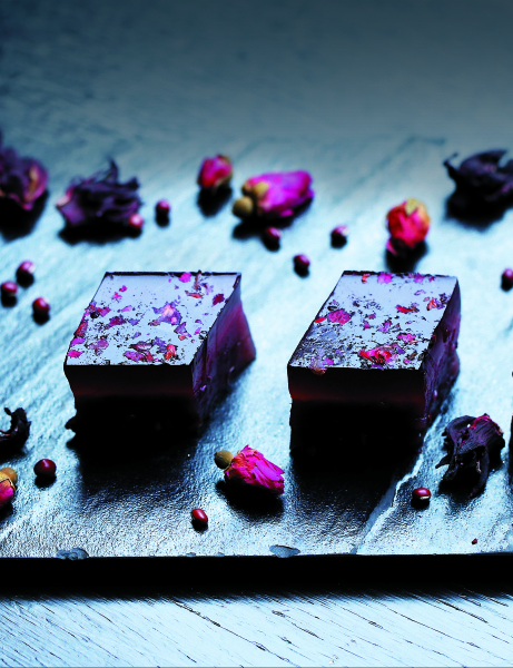 Chilled roselle and rose tea pudding with red bean purée from Yue at the City Garden Hotel