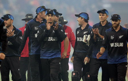 New Zealand players celebrate their victory over West Indies in the quarter-finals. Photo: Reuters