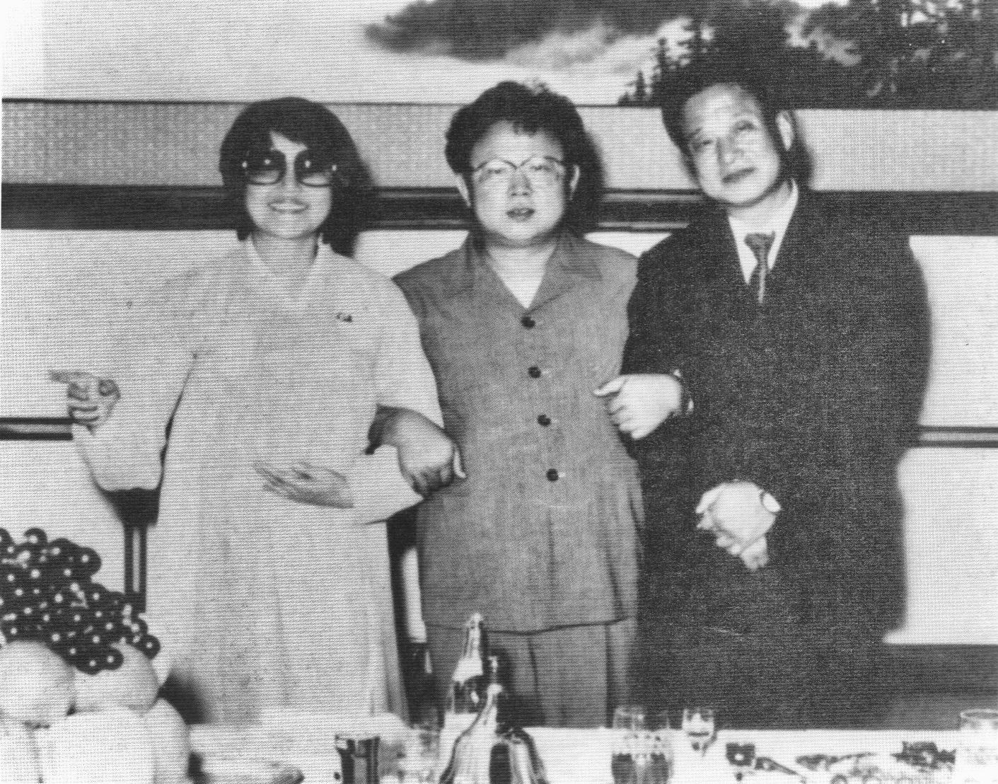 Choi Eun-hee and Shin Sang-ok with Kim Jong-il at a party thrown by the North Korean leader to reunite the couple in March 1983.