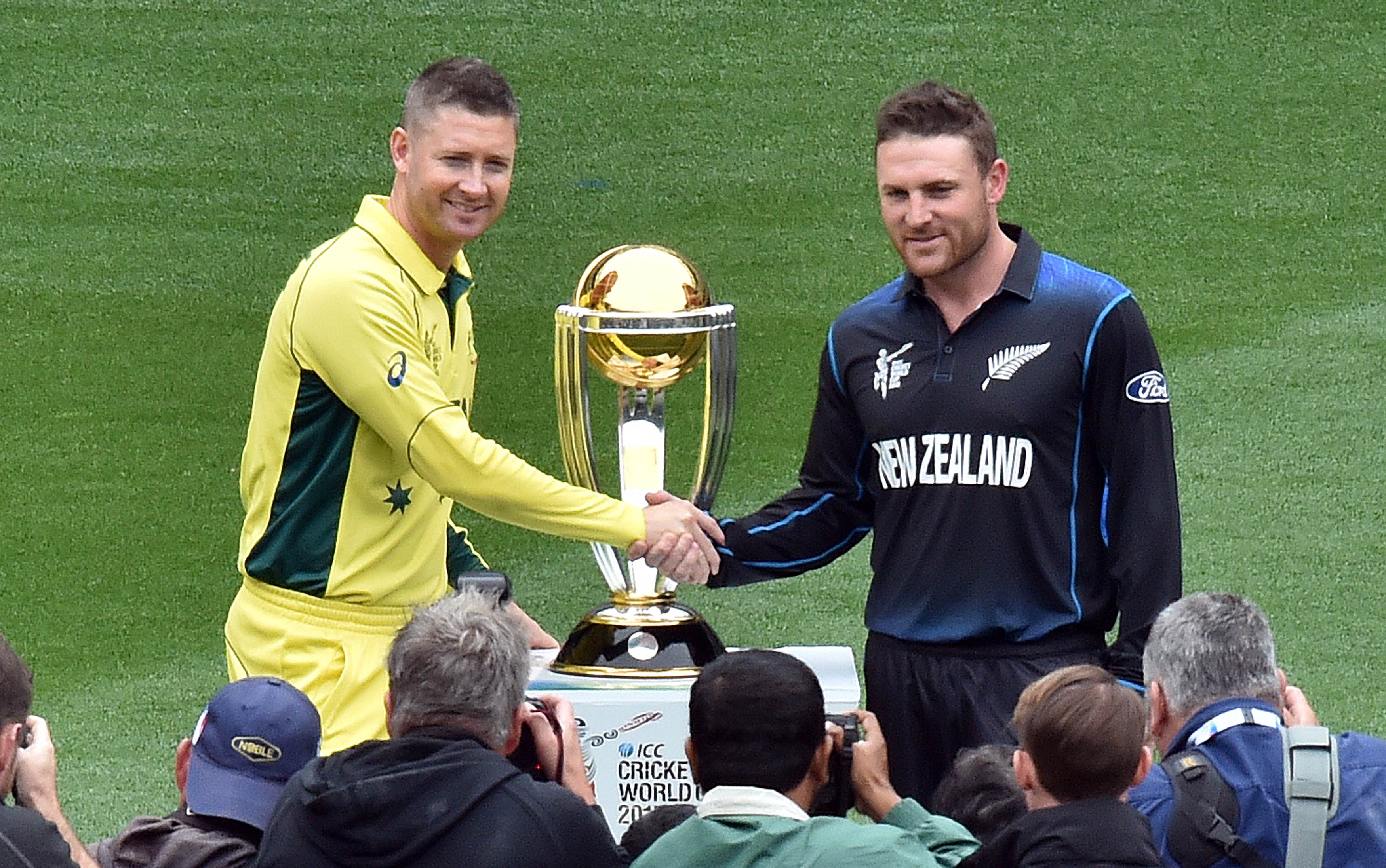 May the best man win: Rival captains Michael Clarke of Australia and Brendon McCullum of New Zealand shake hands ahead of the Cricket World Cup final in Melbourne. Photos: AFP