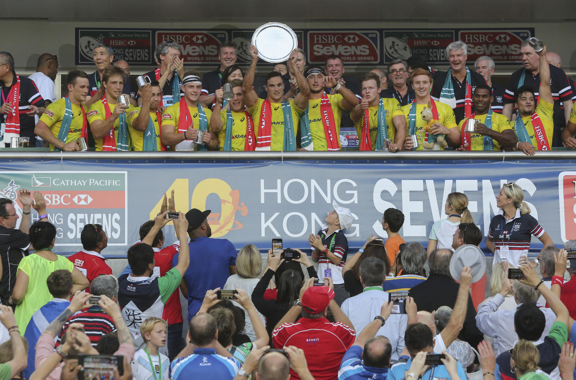Australia savour their moment of glory after beating USA in the Plate final at the Hong Kong Sevens. Photos: Sam Tsang/SCMP