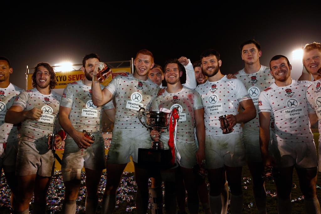 England celebrate with the Cup after beating South Africa 21-14 at the Japan Sevens on Sunday. Photo: World Rugby
