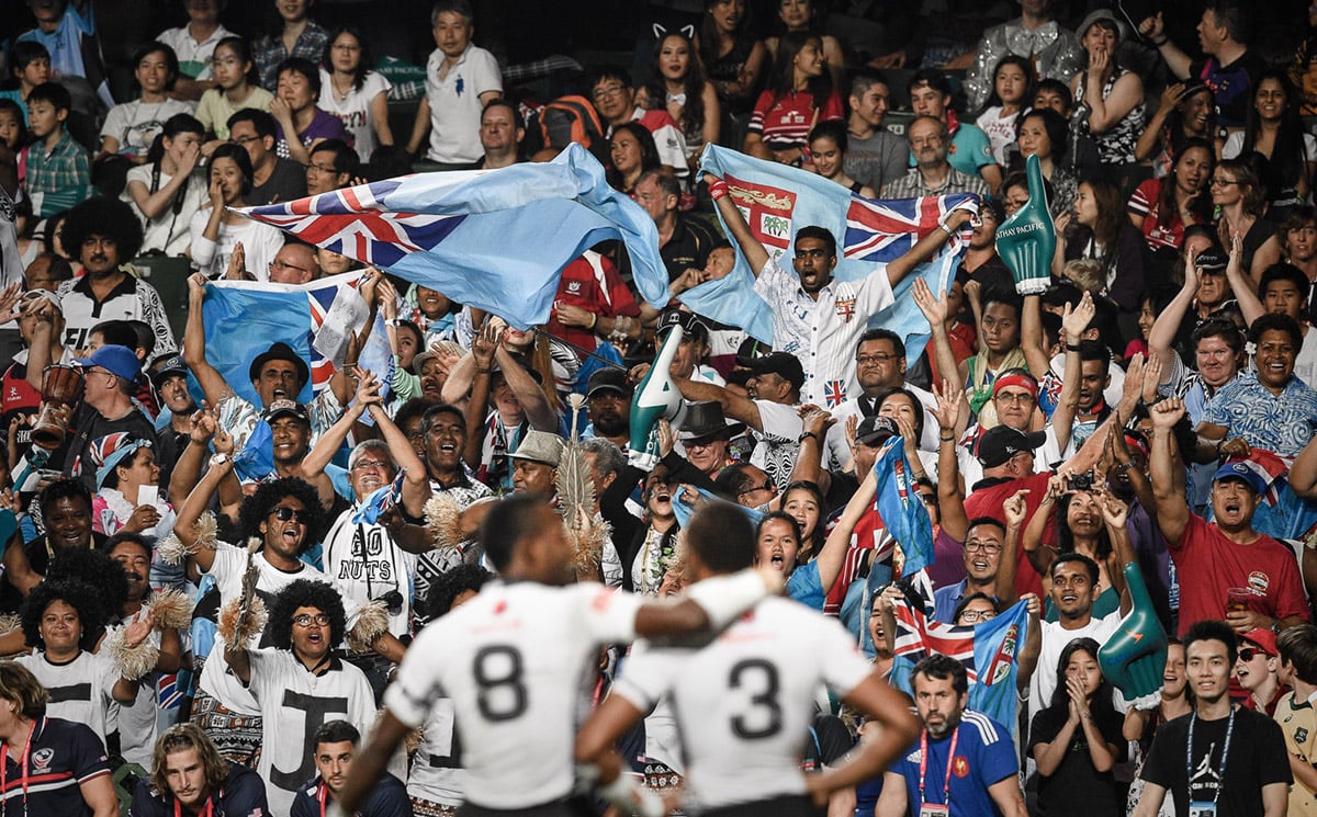 Fans at the 40th edition of the Hong Kong Sevens salute Fiji following their 33-19 Cup final triumph over New Zealand. Photo: AFP