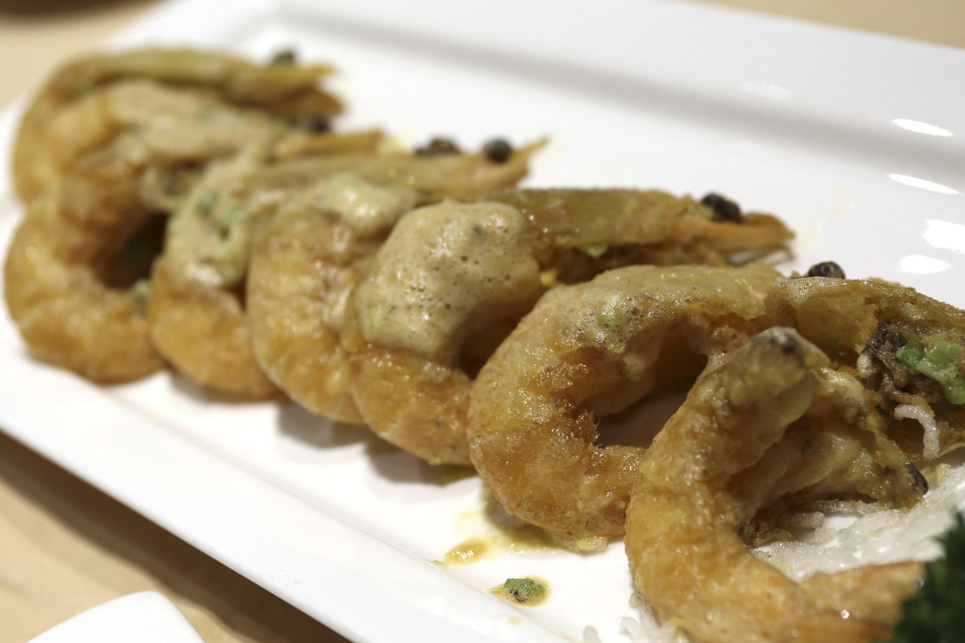 Sauteed prawns with salted egg yolk sauce at Jin Cuisine in Tseung Kwan O.