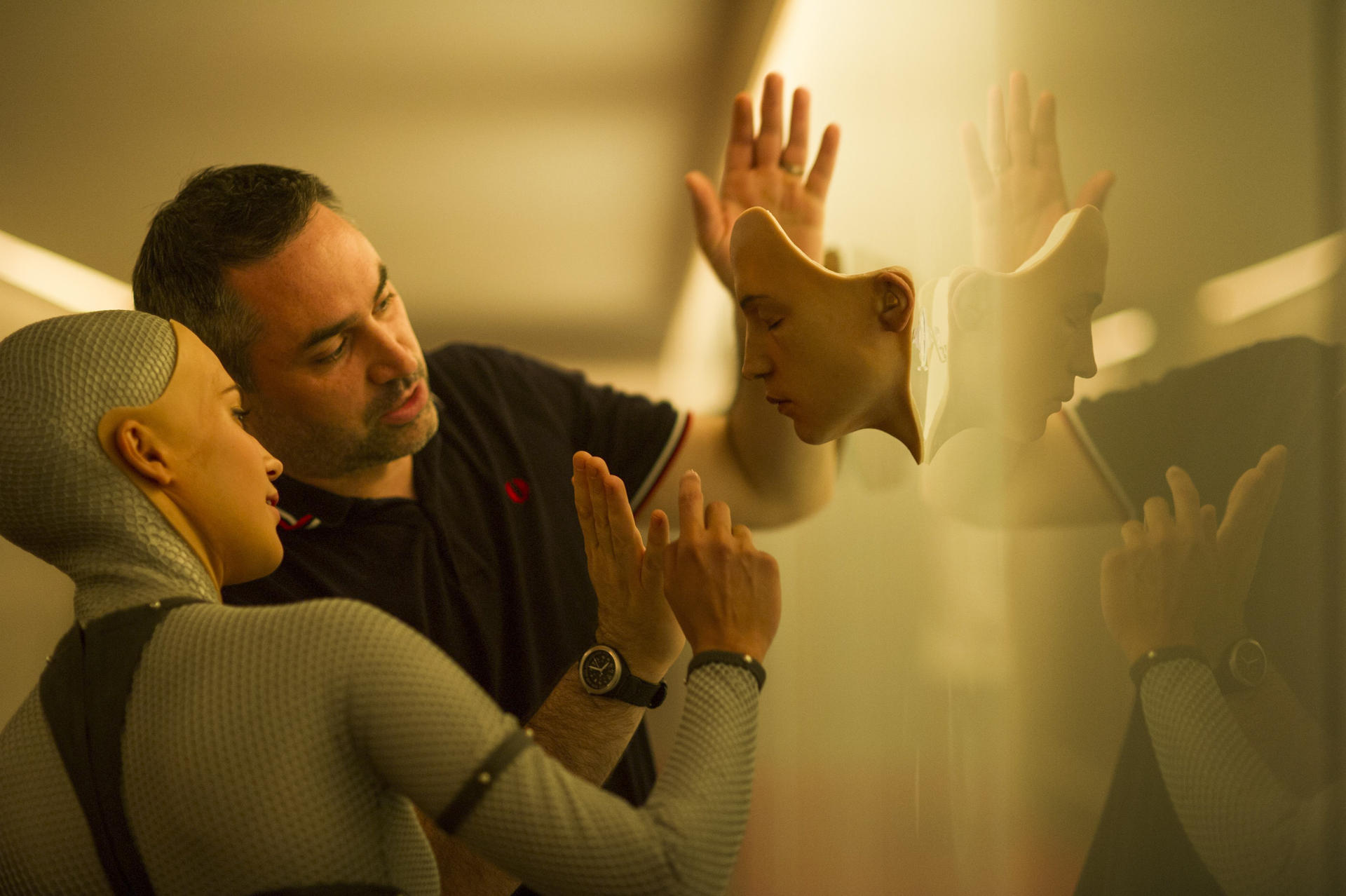 Director Alex Garland with Alicia Vikander, who plays Ava the robot.