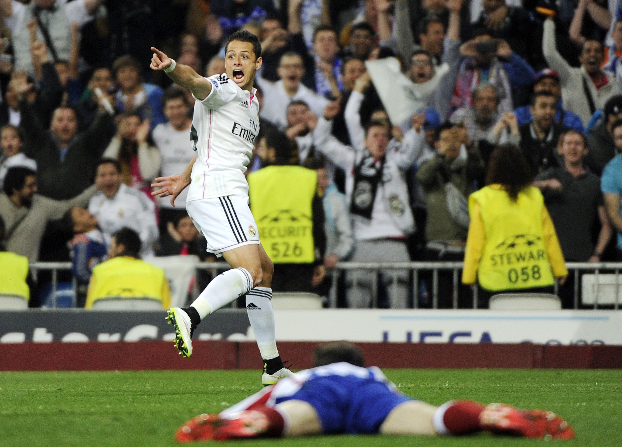 Real Madrid's Javier Hernandez celebrates his goal against Atletico Madrid. Photo: AFP