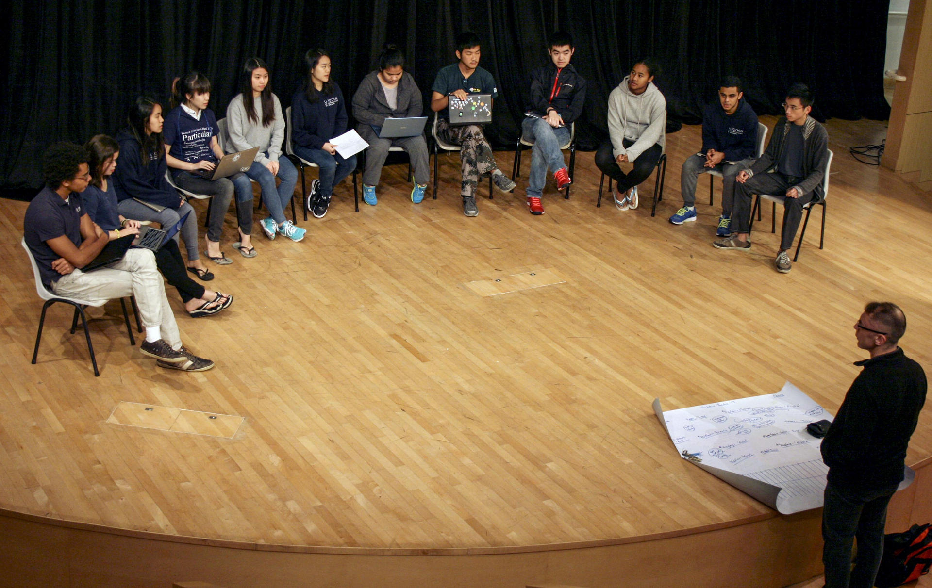 Steve Reynolds discusses the running order for the performance with students from Li Po Chun United World College.