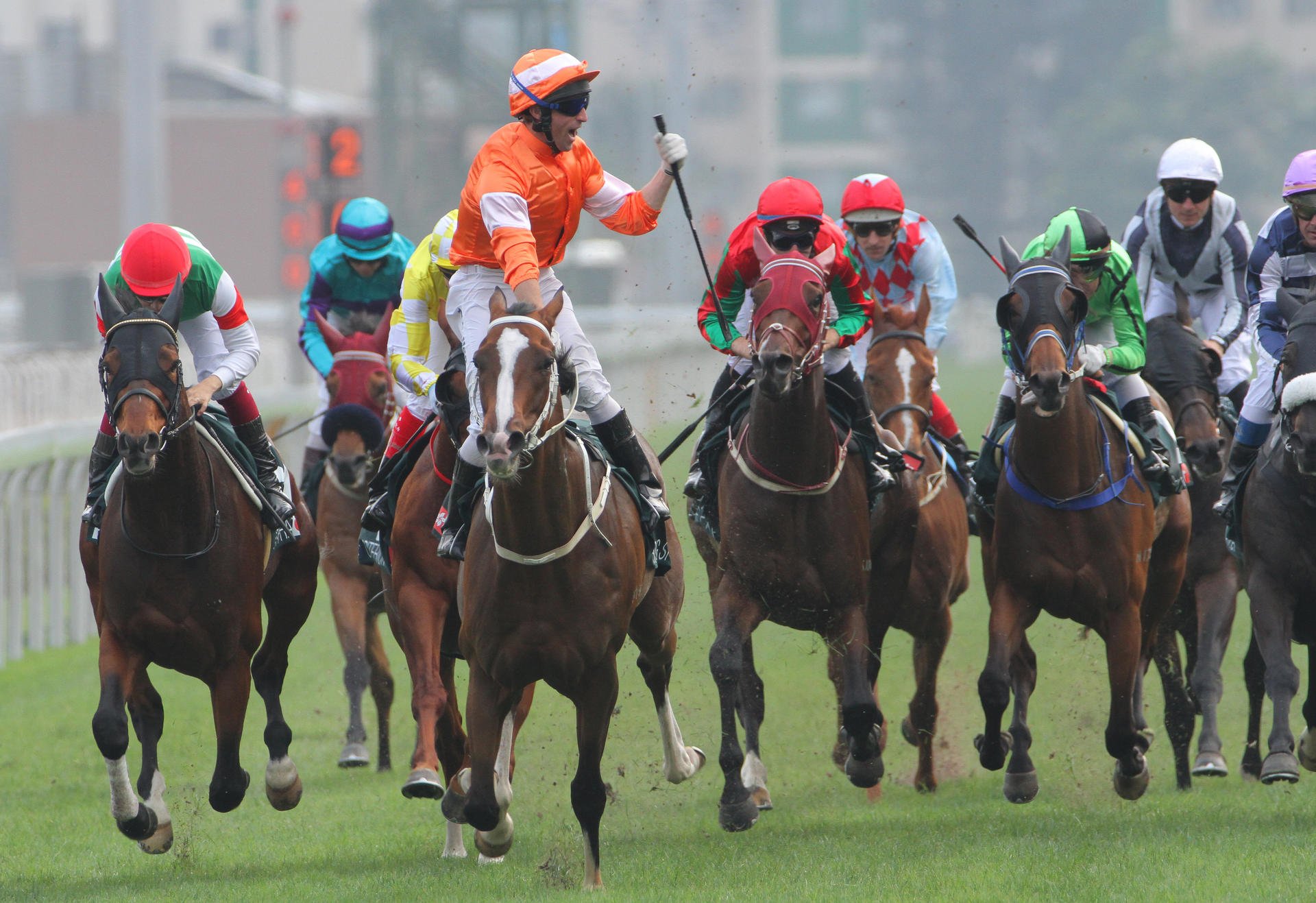 Neil Callan celebrates aboard Blazing Speed after winning the QE II Cup at Sha Tin. Photos: Kenneth Chan