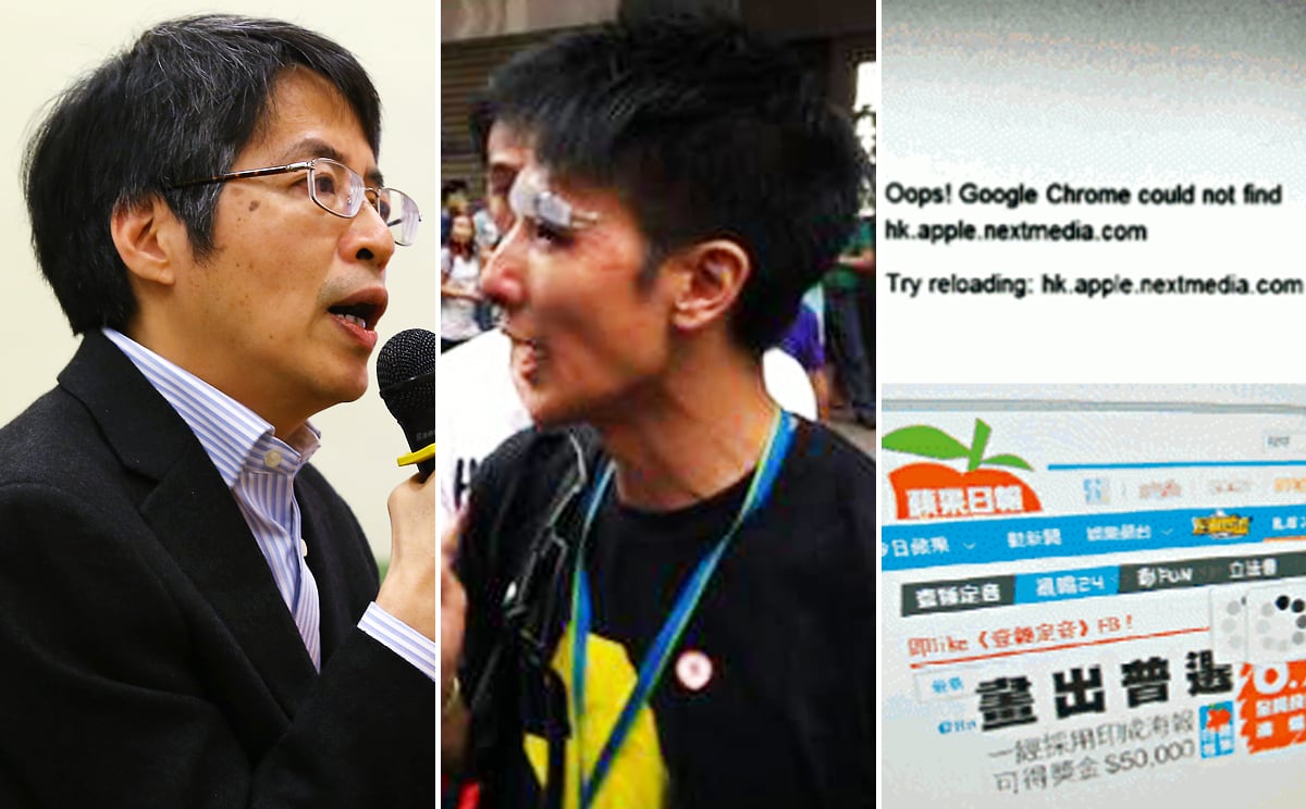 The attack on former Ming Pao chief editor Kevin Lau Chun-to (left) in February last year, the attacks on journalists like Mak Ka-wai (centre) during the 79-day Occupy protests, and the website of Apple Daily (right), which was hit by "major cyberattacks throughout 2014".
