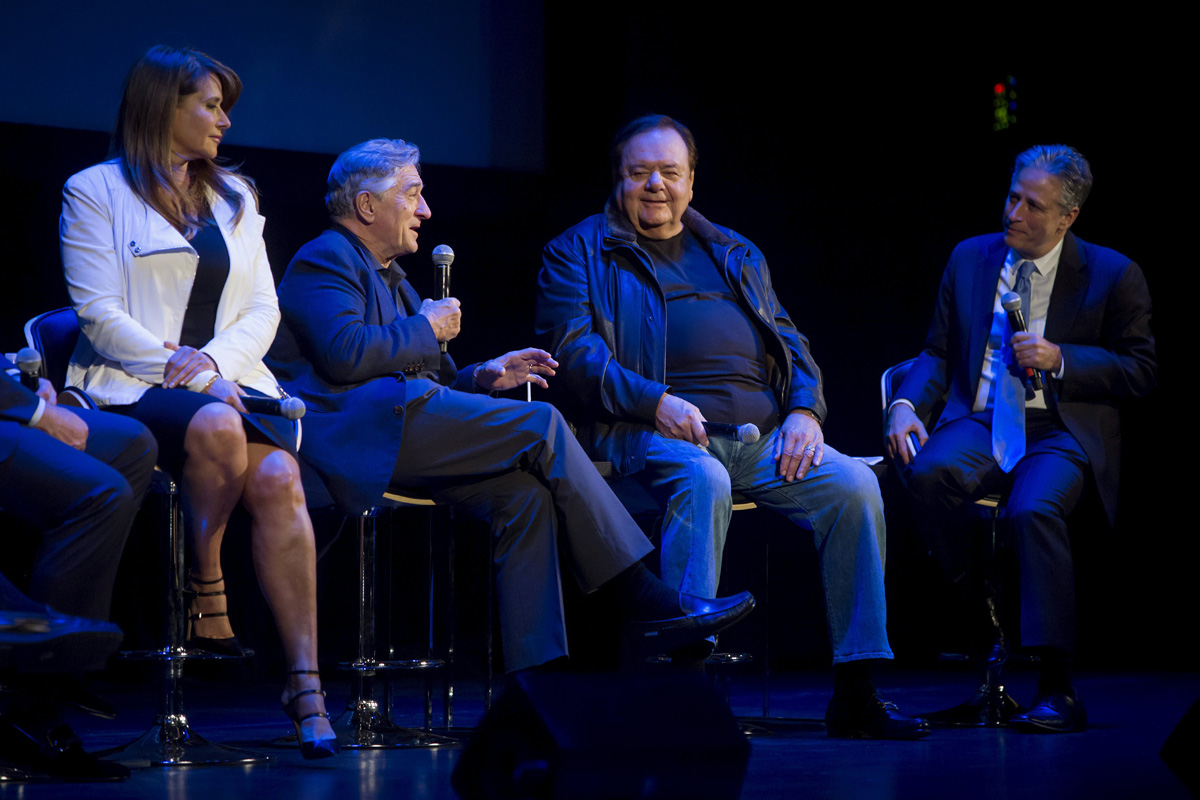 The cast of Goodfellas (from left) Lorraine Bracco, Robert De Niro and 
Paul Sorvino with moderator Jon Stewart at Tribeca last week. Photo: Reuters