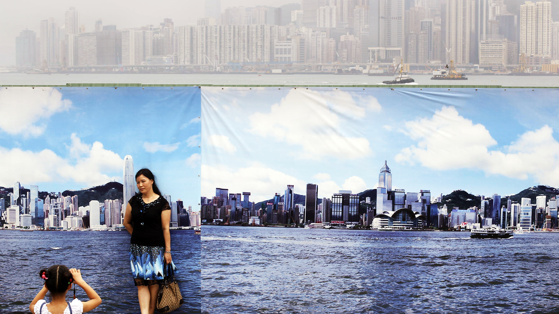 A banner showing an idyllic harbour view belies the true picture behind. The air-pollution index on that day, August 22 last year, was at "very high", with the city blanketed in haze. Photos; Sam Tsang; May Tse; K.Y. Cheng; David Wong; AFP; Will Hayward/courtesy of the Haywood family; courtesy of the Brinner family