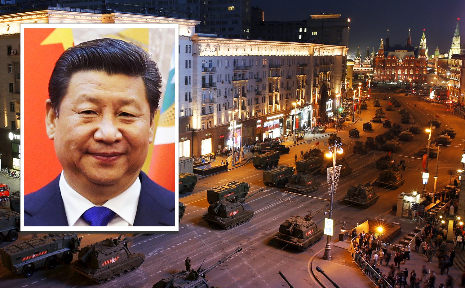 Russian military vehicles are seen in Tverskaya street before a rehearsal for the Victory Day parade, with the Kremlin towers (right) seen in the background, in central Moscow, Russia. Inset is Chinese's president Xi Jinping. Photos: Reuters, AP