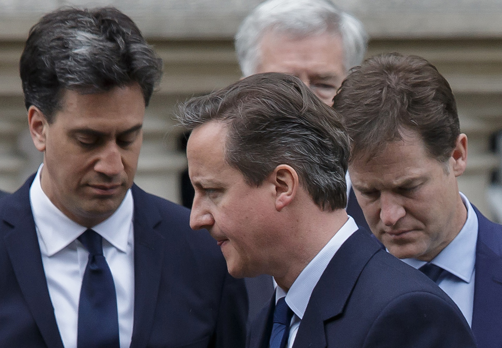 Prime Minister David Cameron (centre) and his Conservative Party won a stunning victory in the election. Labour leader Ed Milliband (left) and Liberal Democrats leader Nick Clegg (right) both resigned from as chief of their parties. Photo: AP 