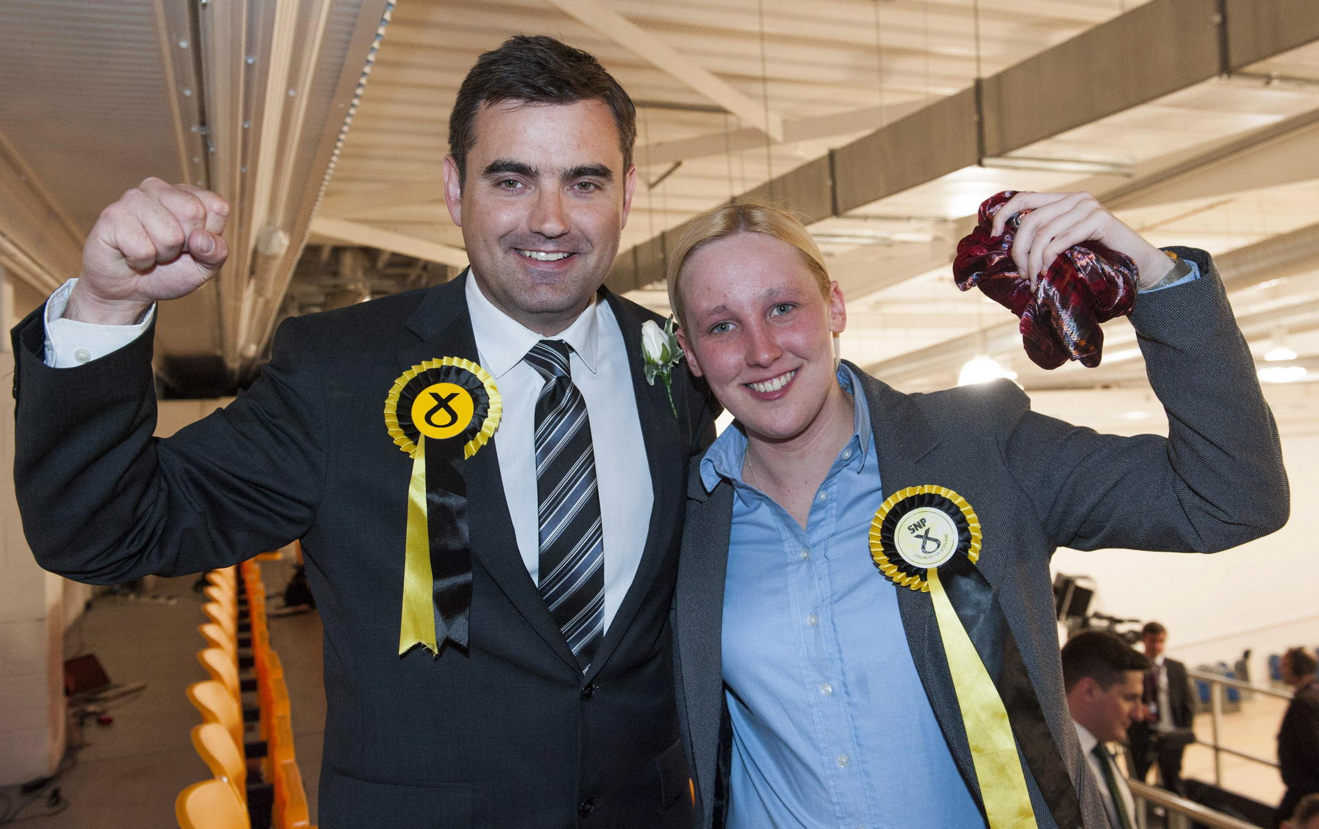 Scottish National Party member Mhairi Black (right) with another newly elected member of parliament, Gavin Newlands. Photo: AFP