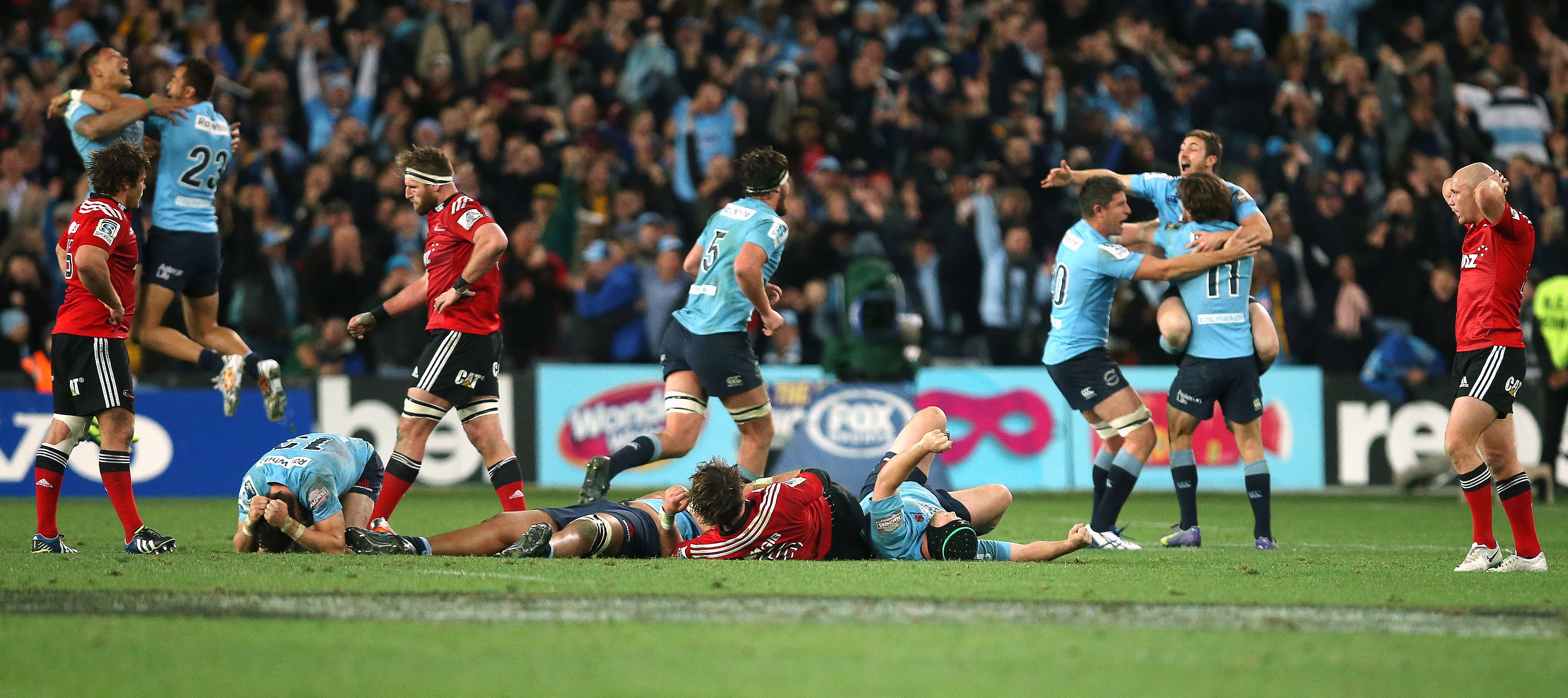 The Waratahs celebrate their 33-32 win over the Crusaders in the Super Rugby final in Sydney last year. Photo: AP