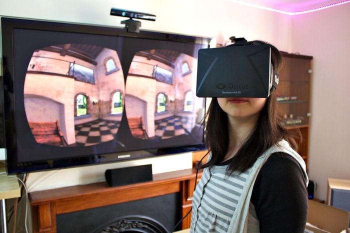 Orculus Rift VR headset transports the wearer inside a game, allowing them to interact in the virtual world.