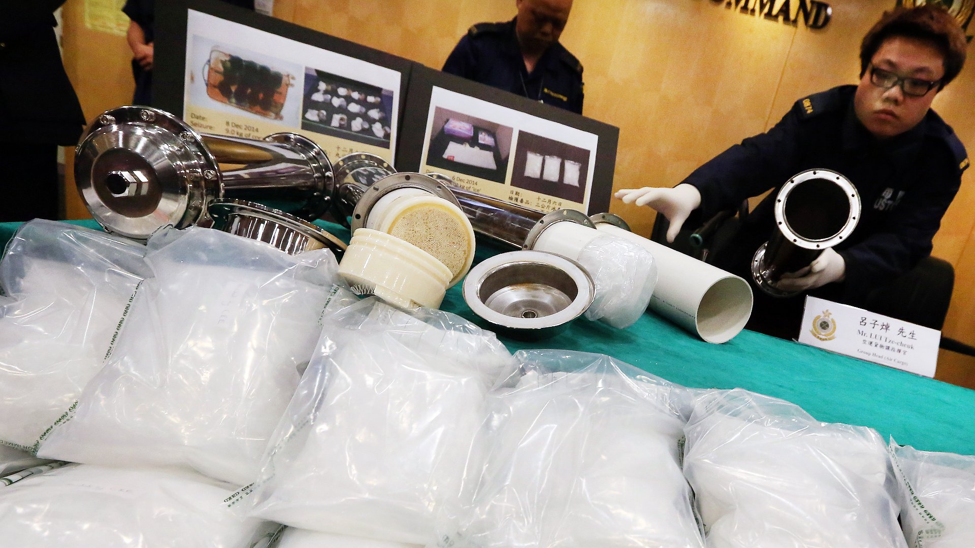 Customs officers display 104kg of meth seized at Hong Kong International Airport in December last year. Photo: Felix Wong
