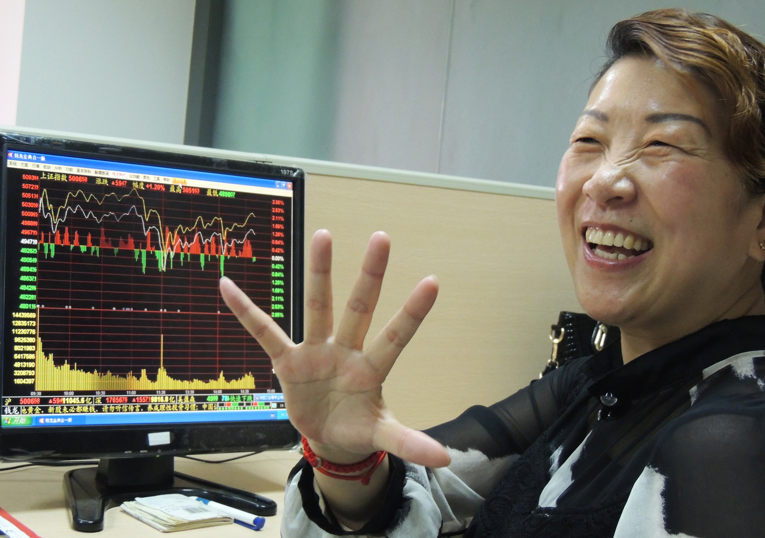 A Chinese investor smiles broadly as share prices go up. A study urged that people should concentrate on savings when they are young and then look at asset allocation as they get older. Photo: Xinhua 