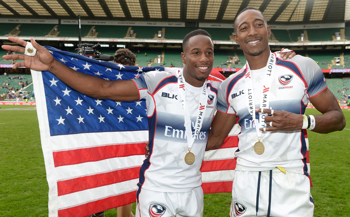 Carlin Isles (left) and Perry Baker celebrate their title triumph at the London Sevens last month, The USA defeated Canada 21-5 on Sunday to win the NACRA Sevens and book a place at the 2016 Rio Olympics. Photo: AP
