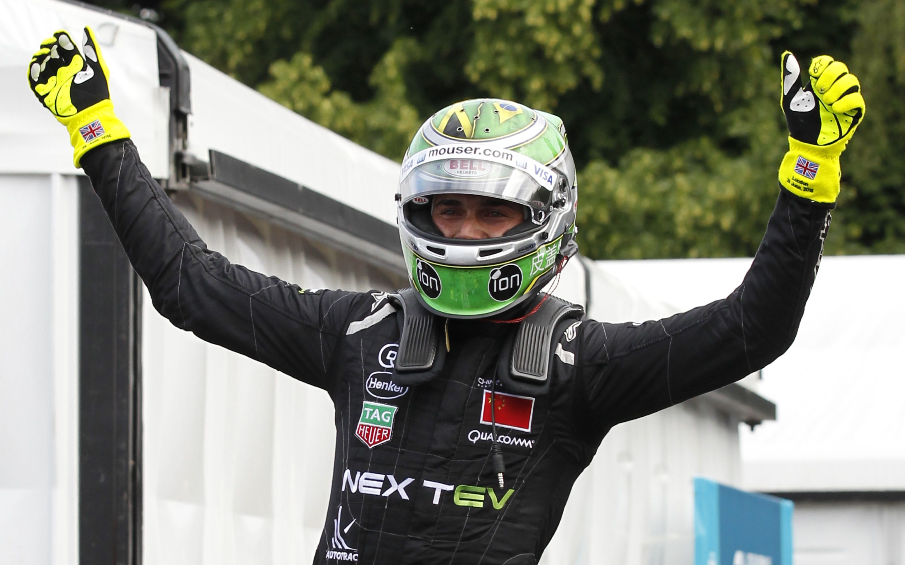 Brazilian driver Nelson Piquet Jnr celebrates at the end of the London ePrix after winning the inaugural world championship title. Photos: AFP