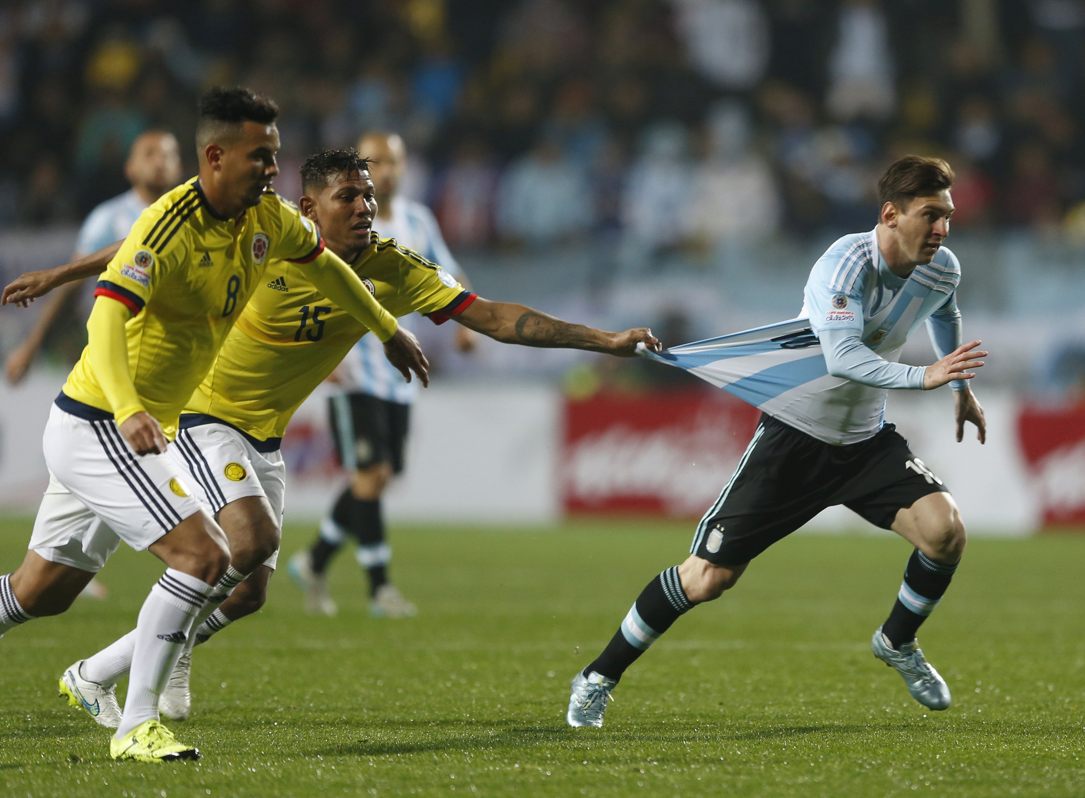 Argentina's Lionel Messi escapes the attention of defenders during the quarter final of the Copa America. Photo: AP