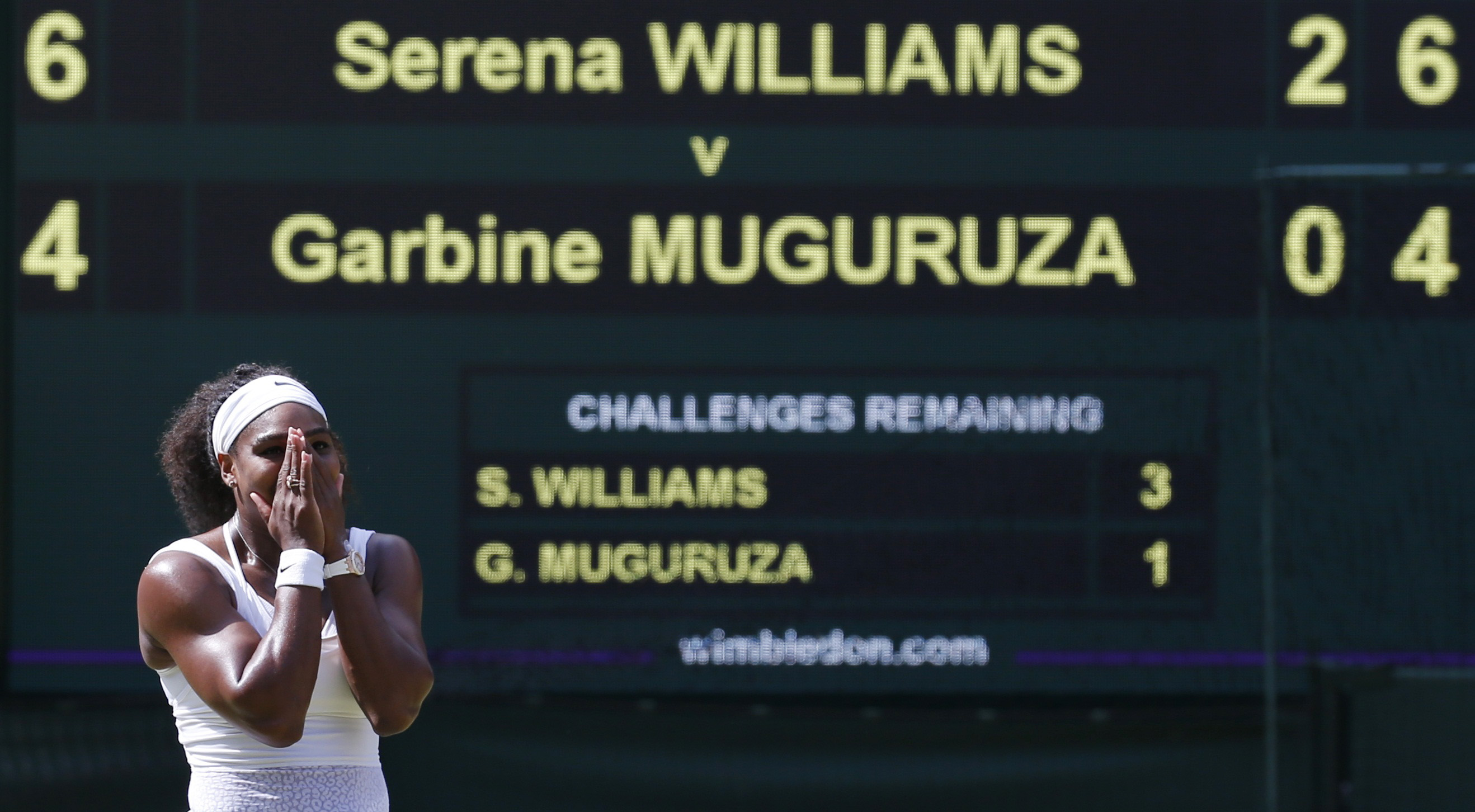 Serena Williams celebrates after winning her women's Wimbledon final against Garbine Muguruza. Photo: Reuters
