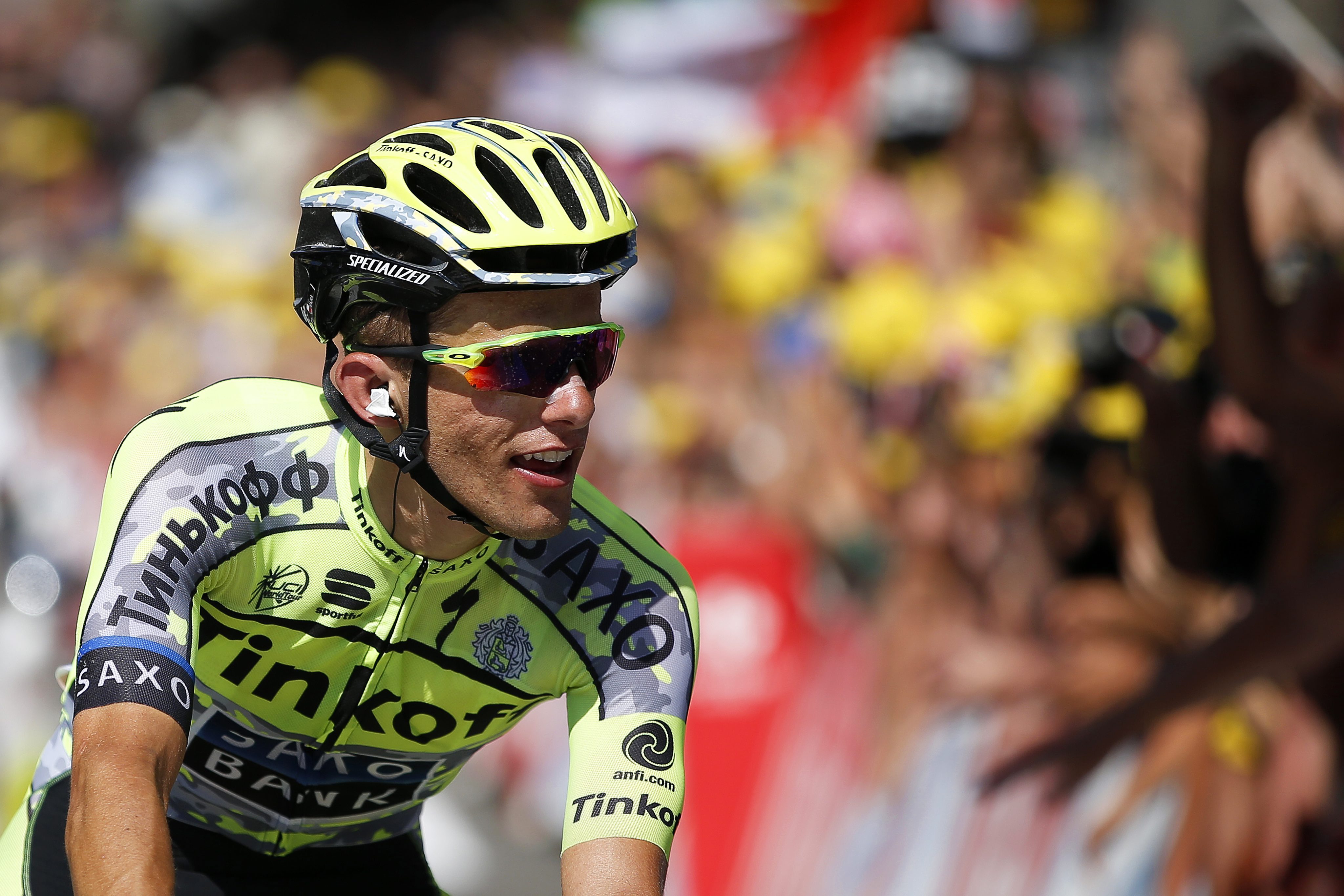 Tinkoff Saxo team rider Rafal Majka of Poland reacts as he crosses the finish line to win the 11th stage of the Tour de France 2015 between Pau and Cauterets. Photo: EPA
