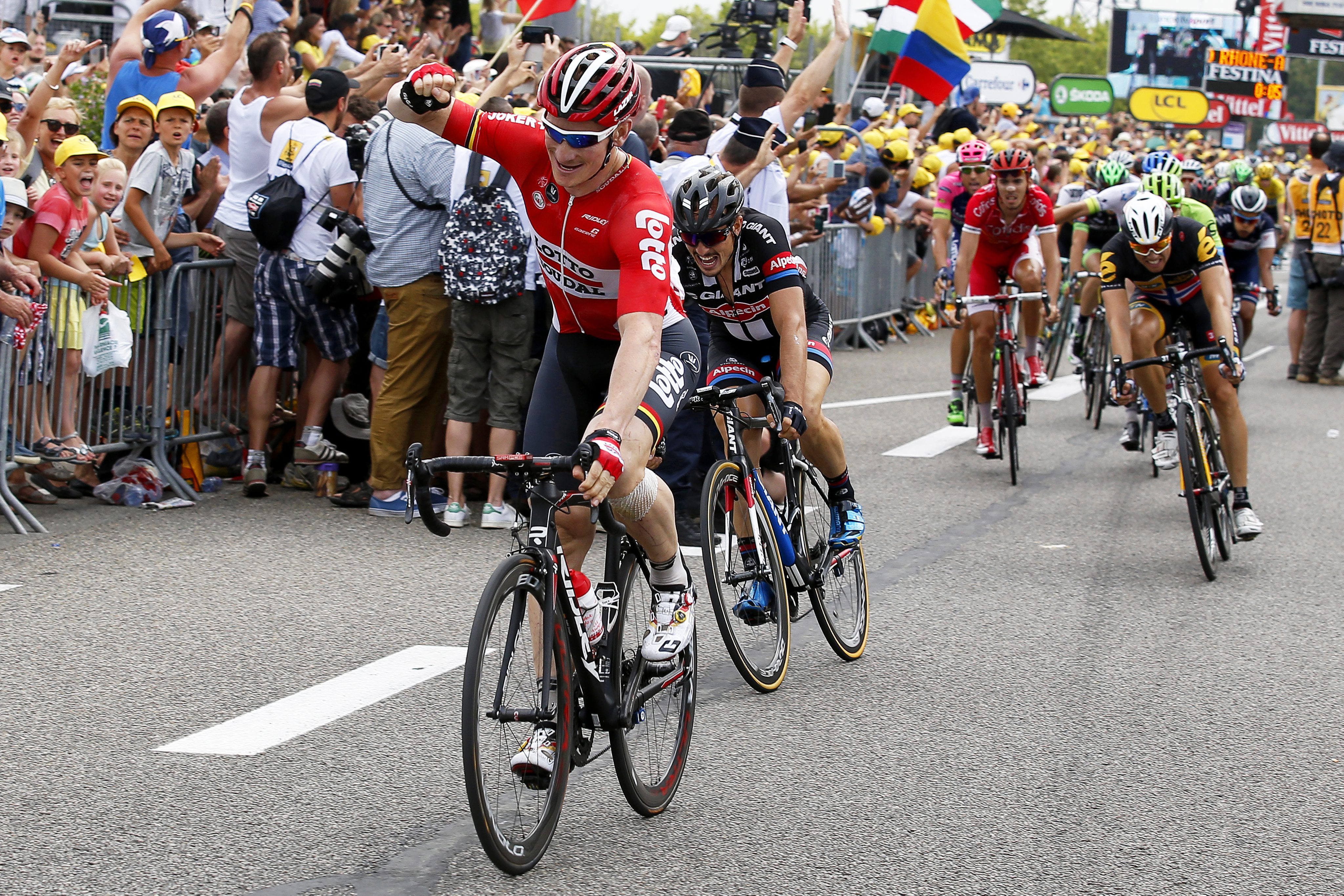 Lotto Soudal team rider Andre Greipel of Germany celebrates winning the Tour de France stage from Mende to Valence. Photo: EPA
