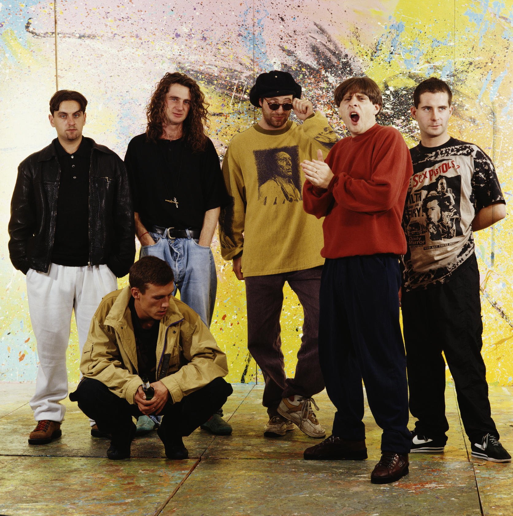 ORIGINAL SPIN: Happy Mondays circa 1990 (from left) are bassist Paul Ryder, dancer Bez, drummer Gary Whelan, guitarist Mark Day, singer Shaun Ryder and keyboardist Paul Davis. Photo: Getty Images