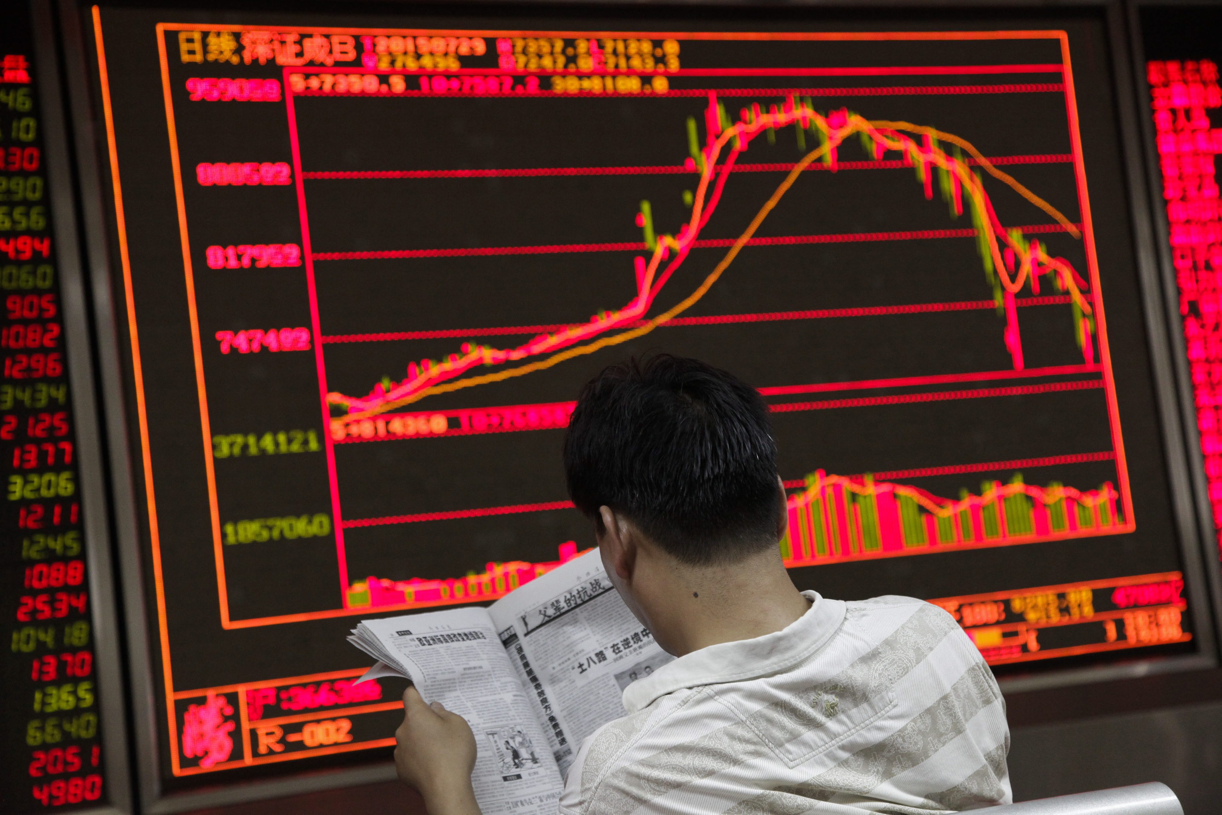 An investor reads a newspaper as an electronic board shows stock market data at a securities brokerage house in Beijing, China. Photo: EPA