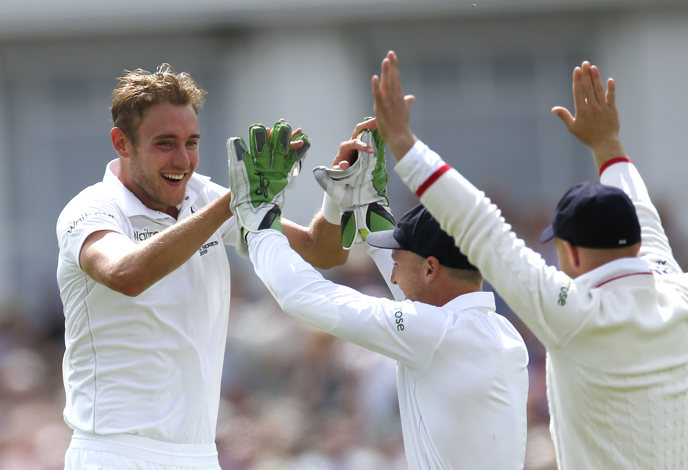England's Stuart Broad celebrates after taking the wicket of Australia's Mitchell Johnson. Photo: Reuters