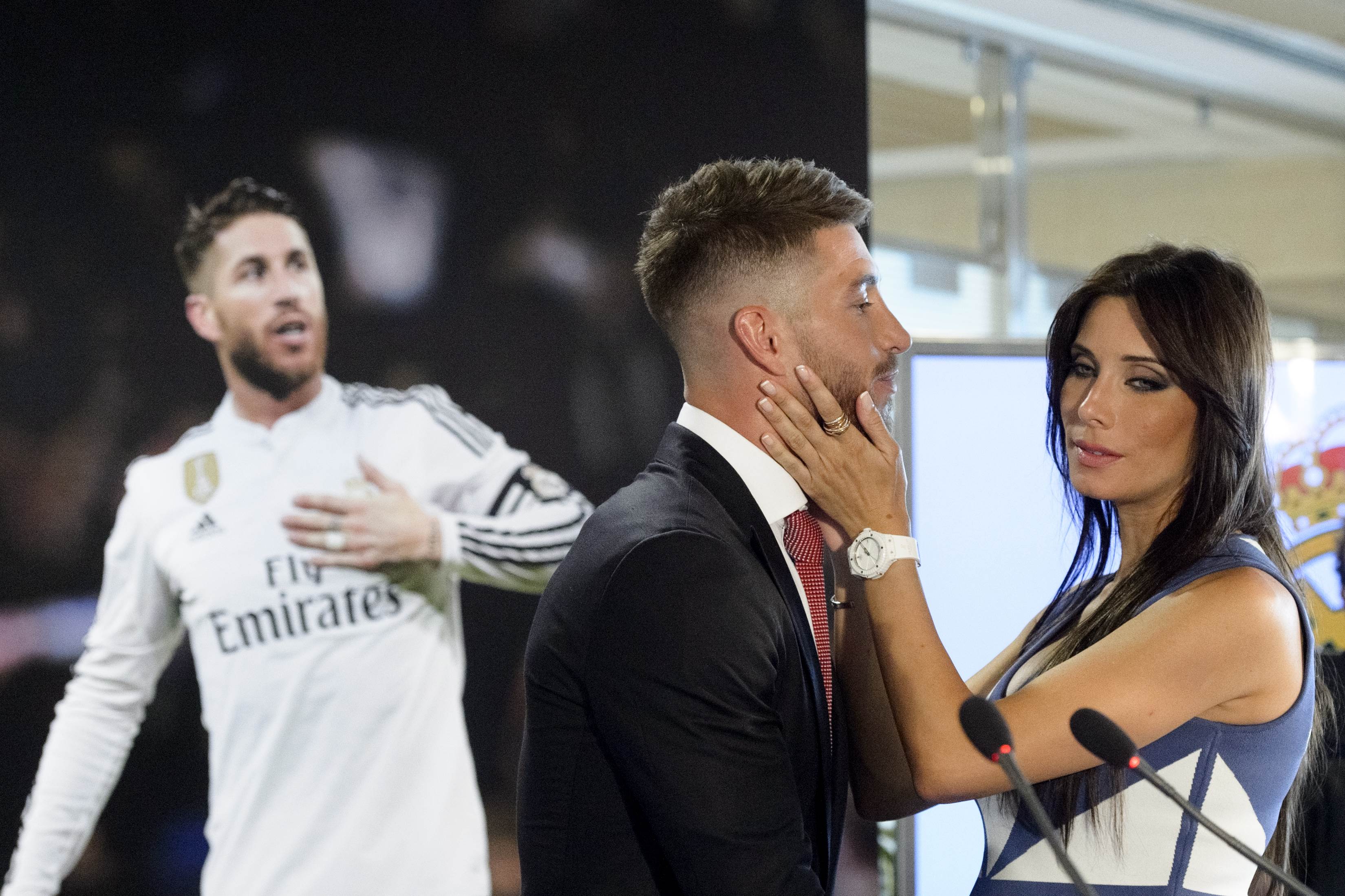 Real Madrid captain Sergio Ramos and his wife Pilar Rubio at a media conference on Monday to announce his contract renewal. Photo: AFP