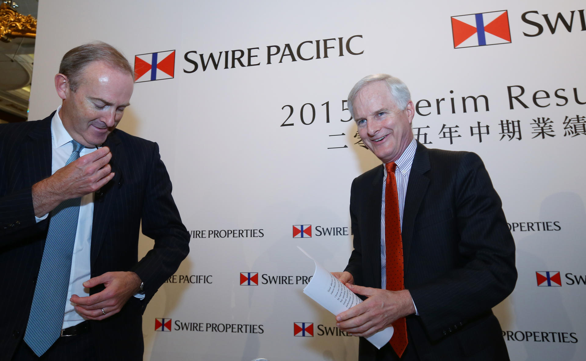 Swire Properties chief executive Guy Bradley (left) and chairman John Slosar at the press briefing to announce the group's first-half results. Photo: Edmond So