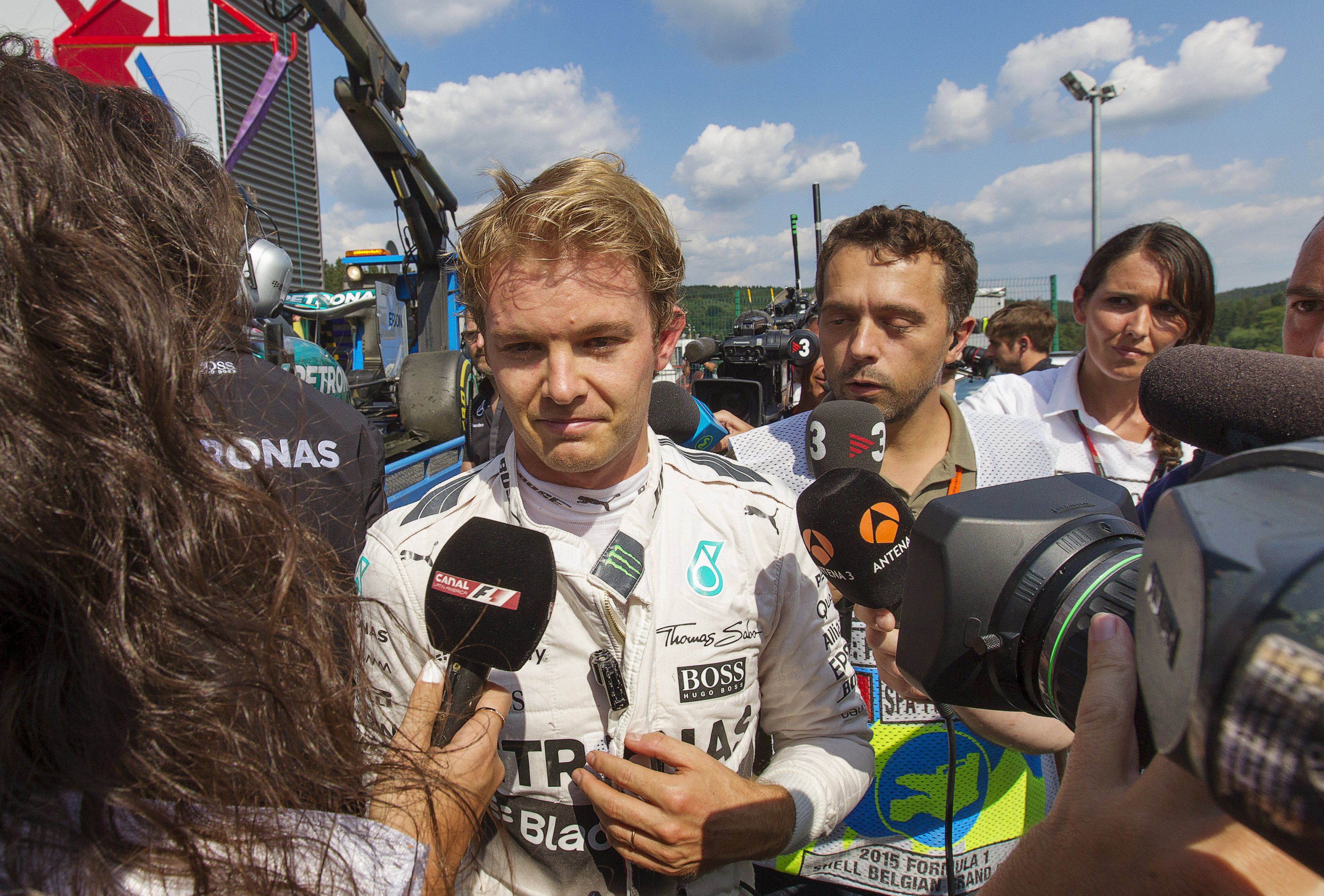 Mercedes driver Nico Rosberg reacts in the pit lane after suffering a tyre failure during a free practice session. Photo: Reuters 