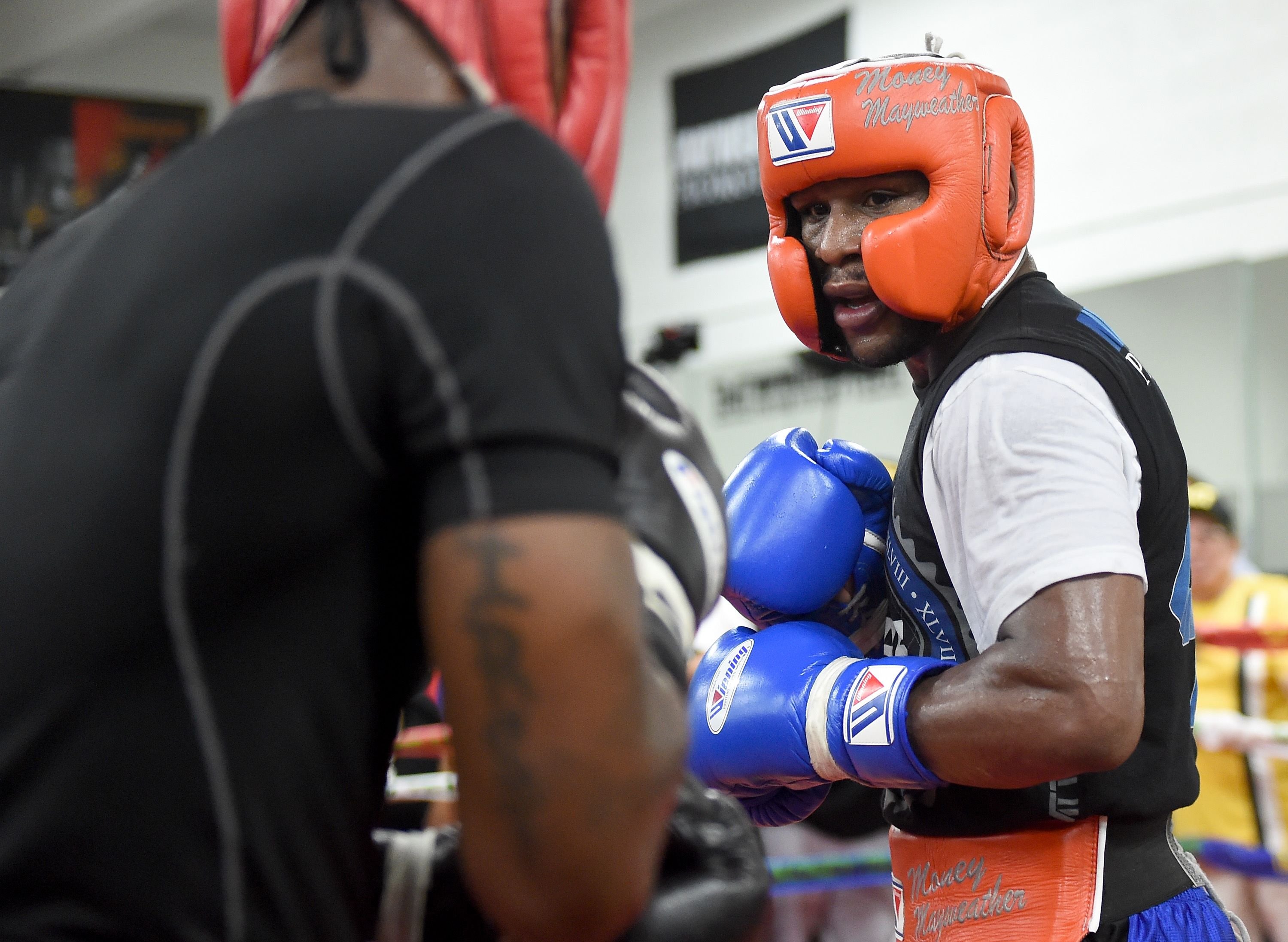 Floyd Mayweather Jnr held a televised sparring session in preparation for his final fight with Andre Berto. Photo: AFP
