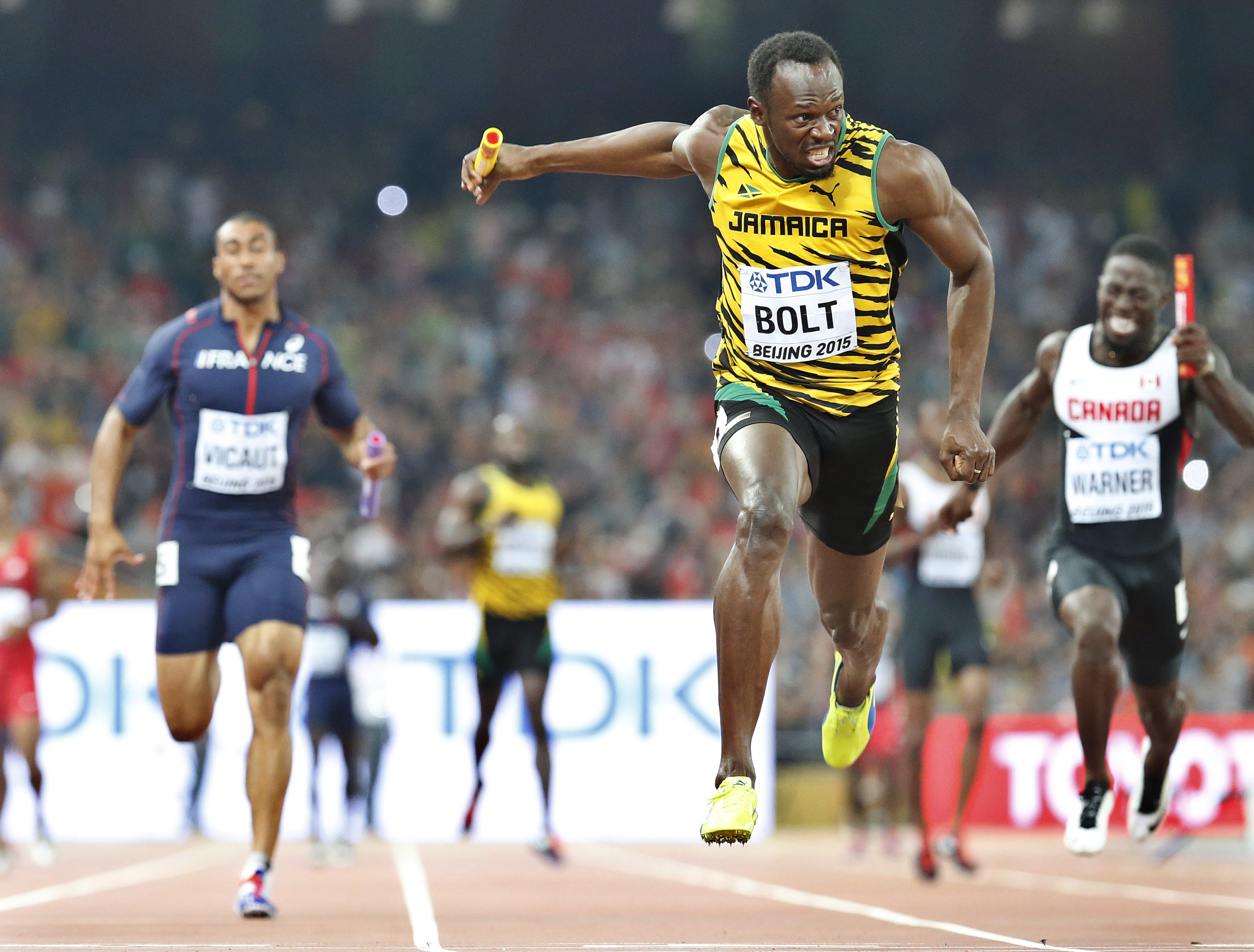 Jamaica's Usain Bolt brings home gold in the 4x100m men at the 2015 IAAF World Championships in Beijing on Saturday. Photo: EPA