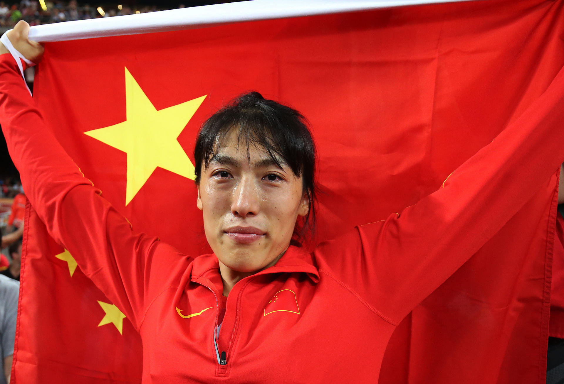 China's Lyu Huihui can't hide her disappointment after being pipped for gold in the women's javelin at the world championships. Photo: Xinhua