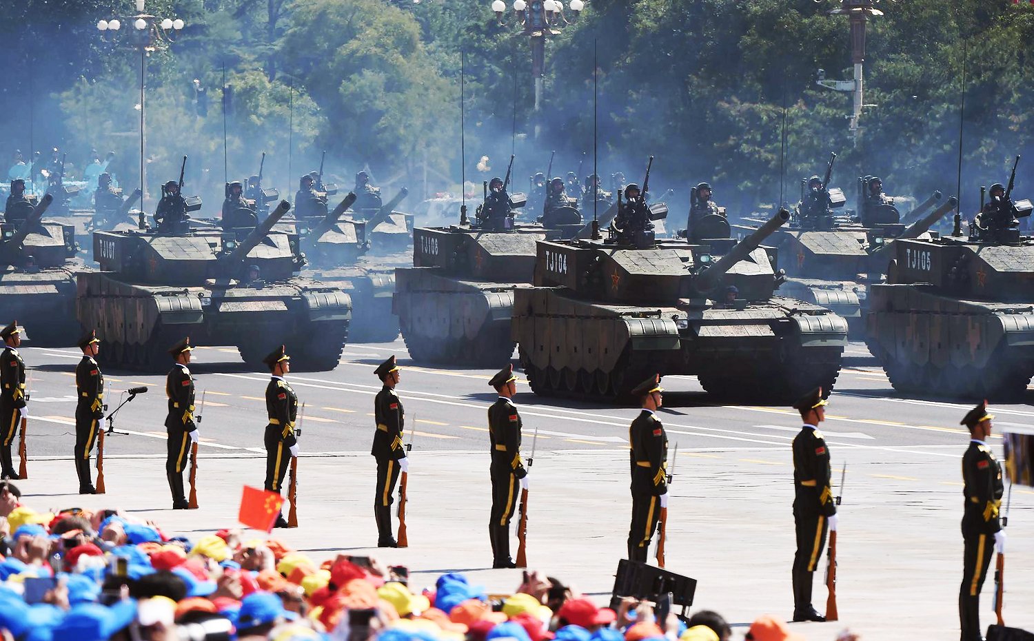 Battle tanks join the military parade in Beijing. Photo: AFP