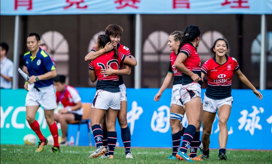 Hong Kong women celebrate after their victory over China in the Qingdao leg of the Asia Sevens Series. Photos: HKRU